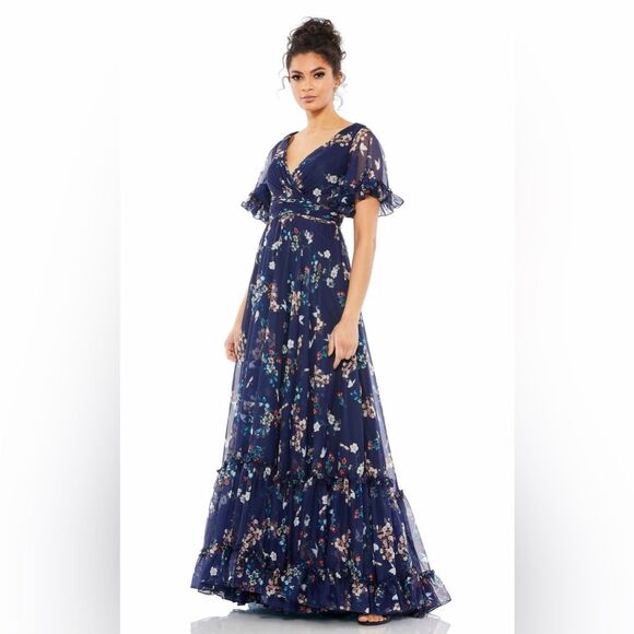 Mac Duggal Dresses & Skirts - Mac Duggal Flounce Sleeve Floral Maxi Dress in Navy Multi, NWT, Size 4